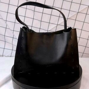 MAXX New York/Black Mini Tote Handbag/Sleek Leather Look~Peekaboo Stitch Design